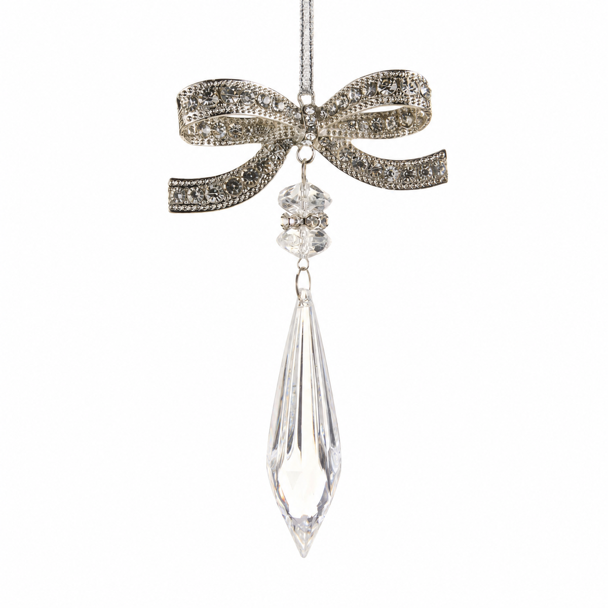 Jeweled Bow Ornament with Faceted Drop, Pointed Drop design: a slimmer clear drop that tapers to a sharp point
