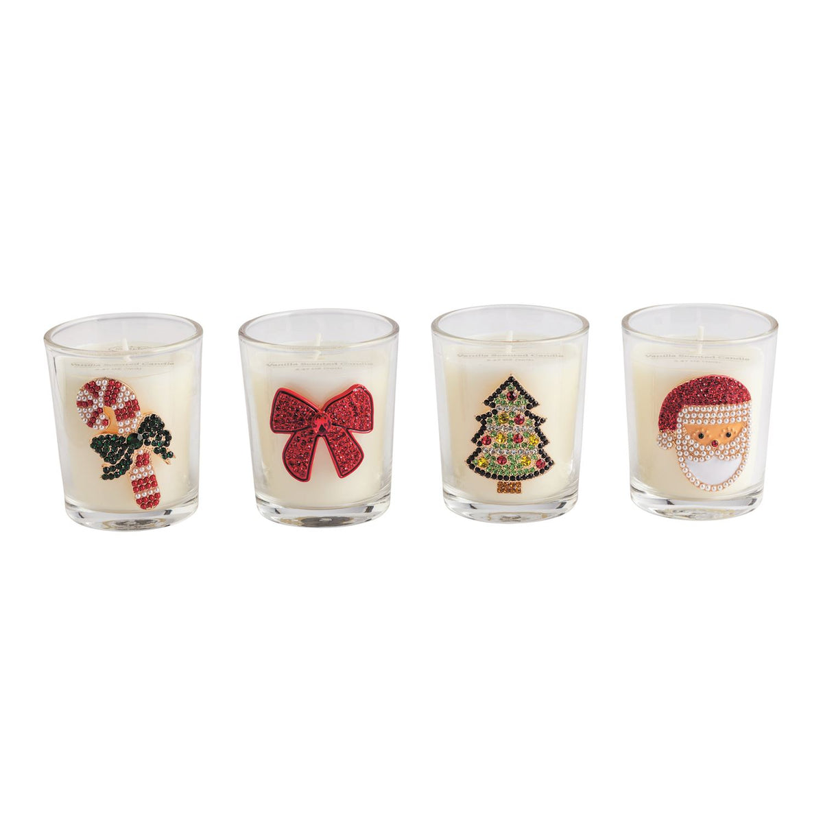 Jeweled Christmas Icon Votive Candle, Four glass votive candles with beaded icons: a candy cane, a red bow, a Christmas tree and Santa.