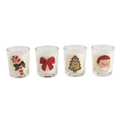 Jeweled Christmas Icon Votive Candle, Four glass votive candles with beaded icons: a candy cane, a red bow, a Christmas tree and Santa.
