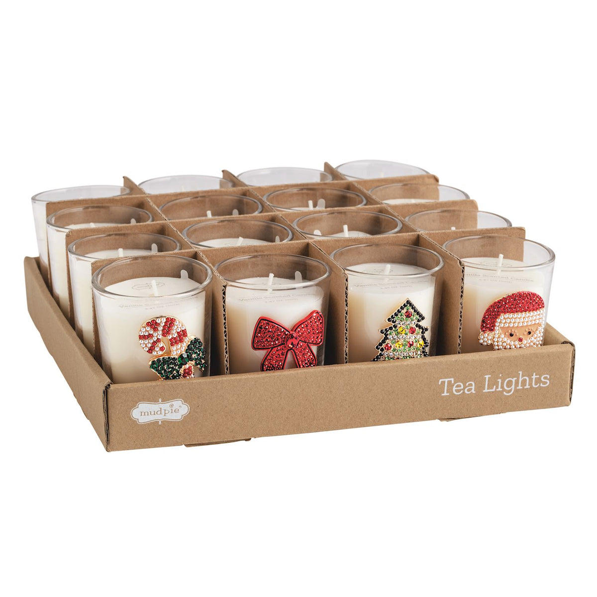 Jeweled Christmas Icon Votive Candle, Four glass votive candles with beaded icons: a candy cane, a red bow, a Christmas tree and Santa.