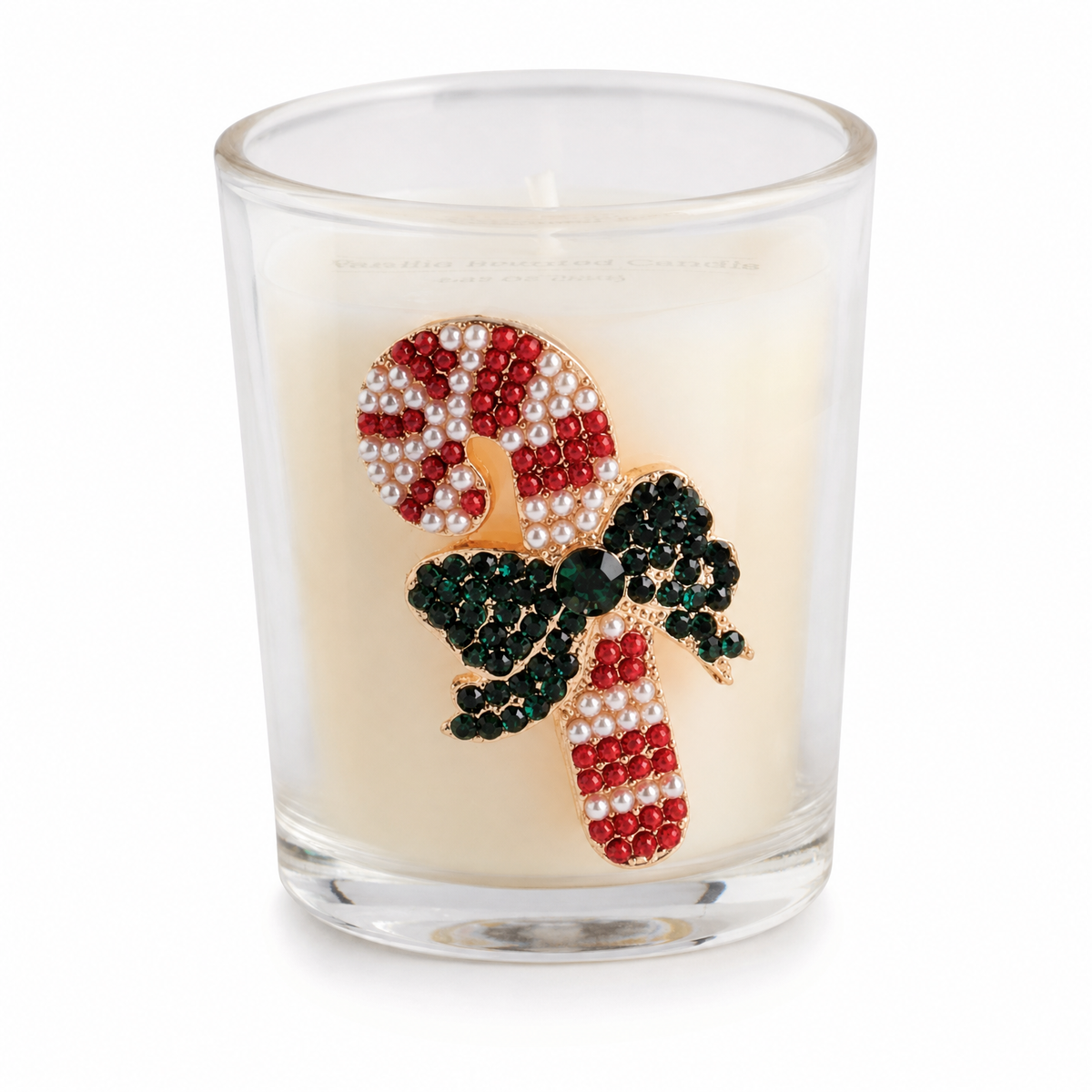 Jeweled Christmas Icon Votive Candle, Candy Cane design: a beaded candy cane tied with green, and a red jeweled bow