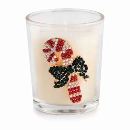 Jeweled Christmas Icon Votive Candle, Candy Cane design: a beaded candy cane tied with green, and a red jeweled bow