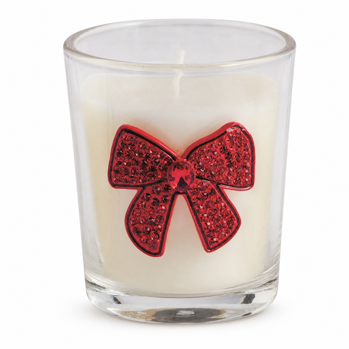 Jeweled Christmas Icon Votive Candle, Bow design: a beaded candy cane tied with green, and a red jeweled bow
