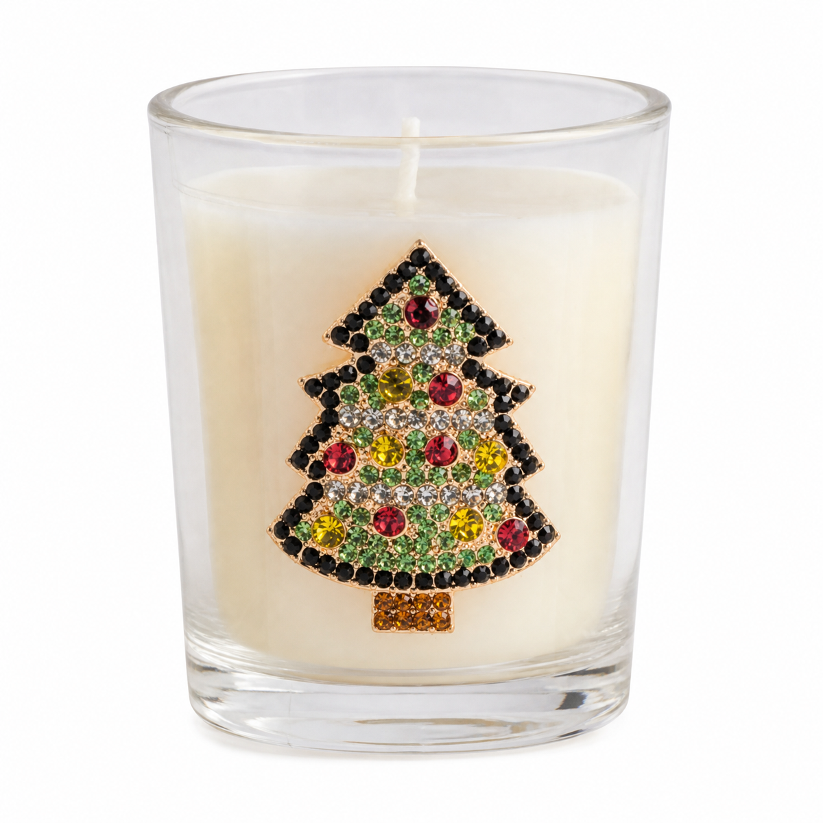 Jeweled Christmas Icon Votive Candle, Christmas Tree design: a multicolor beaded tree, and a pearl-trimmed Santa face
