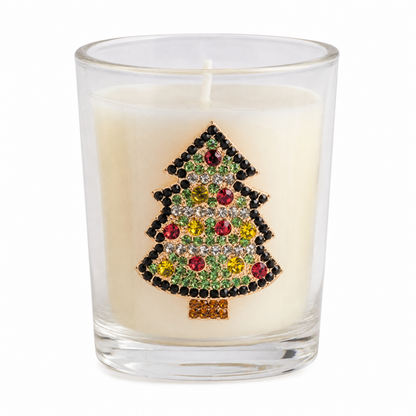 Jeweled Christmas Icon Votive Candle, Christmas Tree design: a multicolor beaded tree, and a pearl-trimmed Santa face