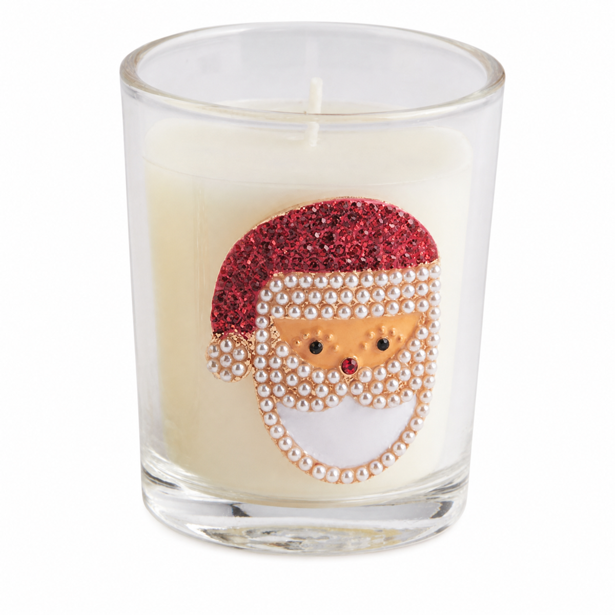 Jeweled Christmas Icon Votive Candle, Santa design: a multicolor beaded tree, and a pearl-trimmed Santa face