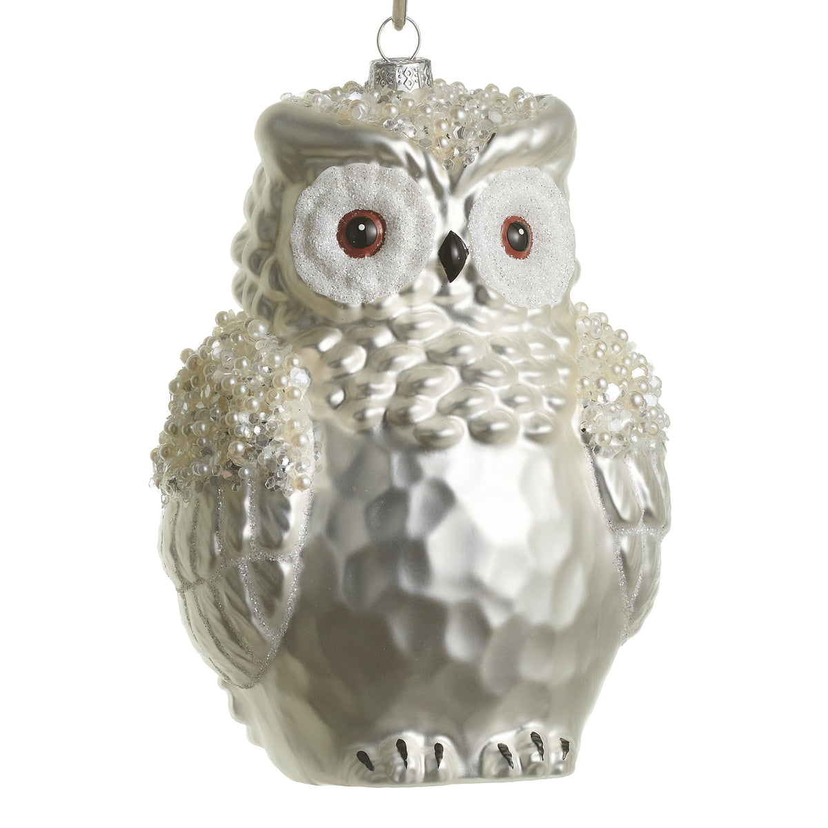 Jeweled Snowy Owl Ornament, A pearlescent white glass owl ornament with glittered eyes and clusters of pearl beading on its wings.