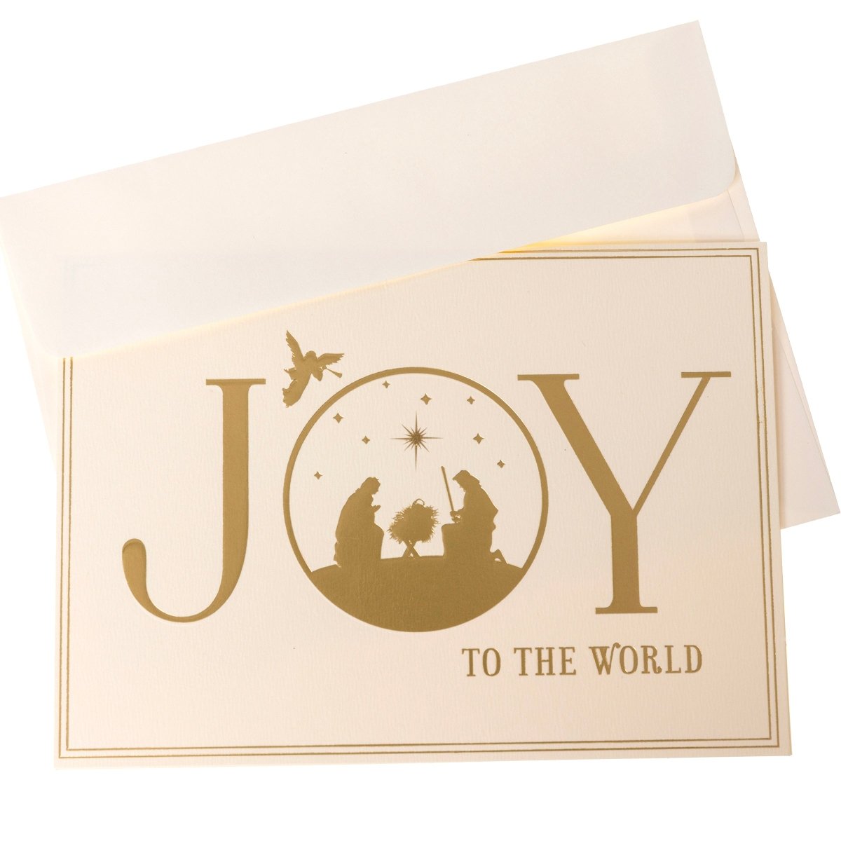 Joy to the World Nativity Holiday Cards, Box of 15, A box of cream Christmas cards with gold foil JOY TO THE WORLD lettering and a nativity scene set inside the O.