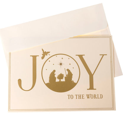 Joy to the World Nativity Holiday Cards, Box of 15, A box of cream Christmas cards with gold foil JOY TO THE WORLD lettering and a nativity scene set inside the O.