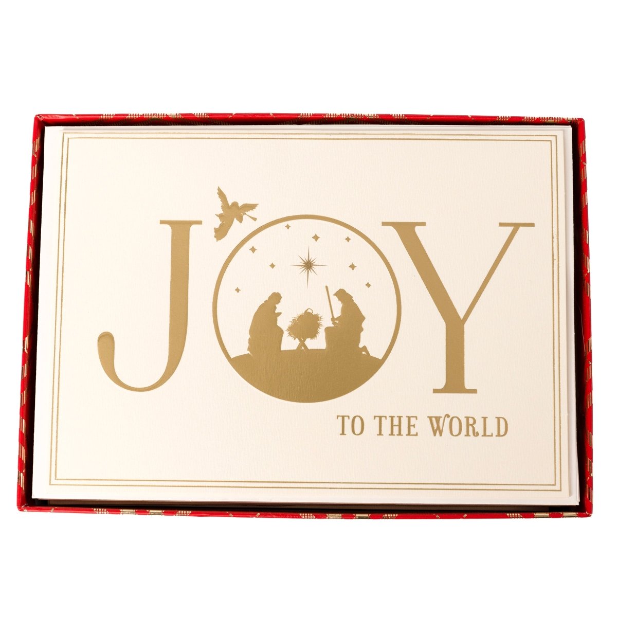 Joy to the World Nativity Holiday Cards, Box of 15, A box of cream Christmas cards with gold foil JOY TO THE WORLD lettering and a nativity scene set inside the O.