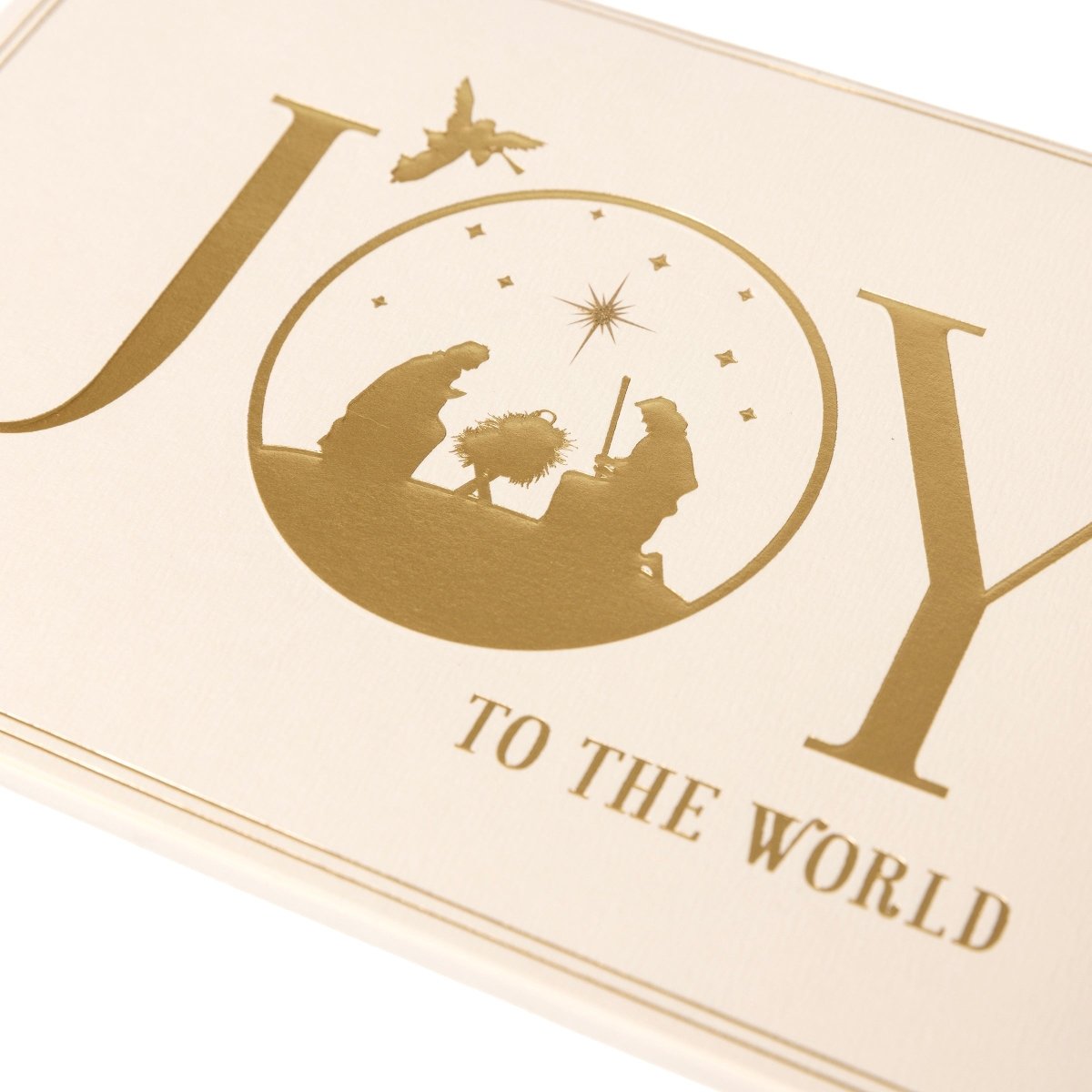 Joy to the World Nativity Holiday Cards, Box of 15, A box of cream Christmas cards with gold foil JOY TO THE WORLD lettering and a nativity scene set inside the O.
