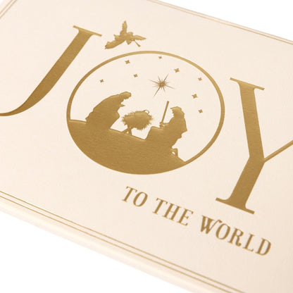 Joy to the World Nativity Holiday Cards, Box of 15, A box of cream Christmas cards with gold foil JOY TO THE WORLD lettering and a nativity scene set inside the O.