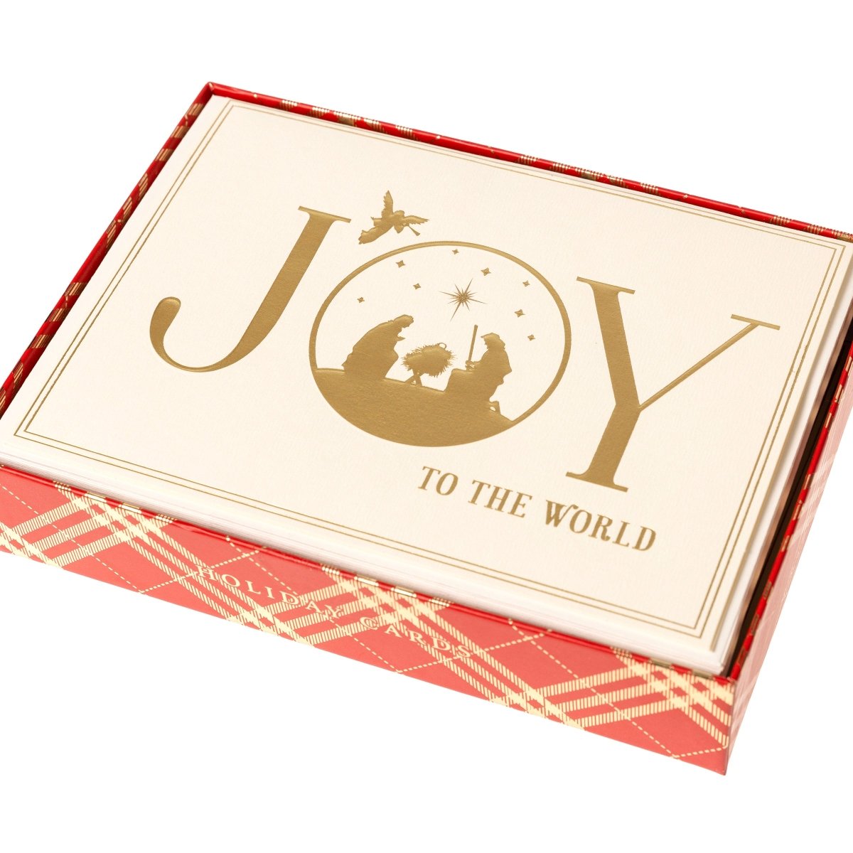 Joy to the World Nativity Holiday Cards, Box of 15, A box of cream Christmas cards with gold foil JOY TO THE WORLD lettering and a nativity scene set inside the O.