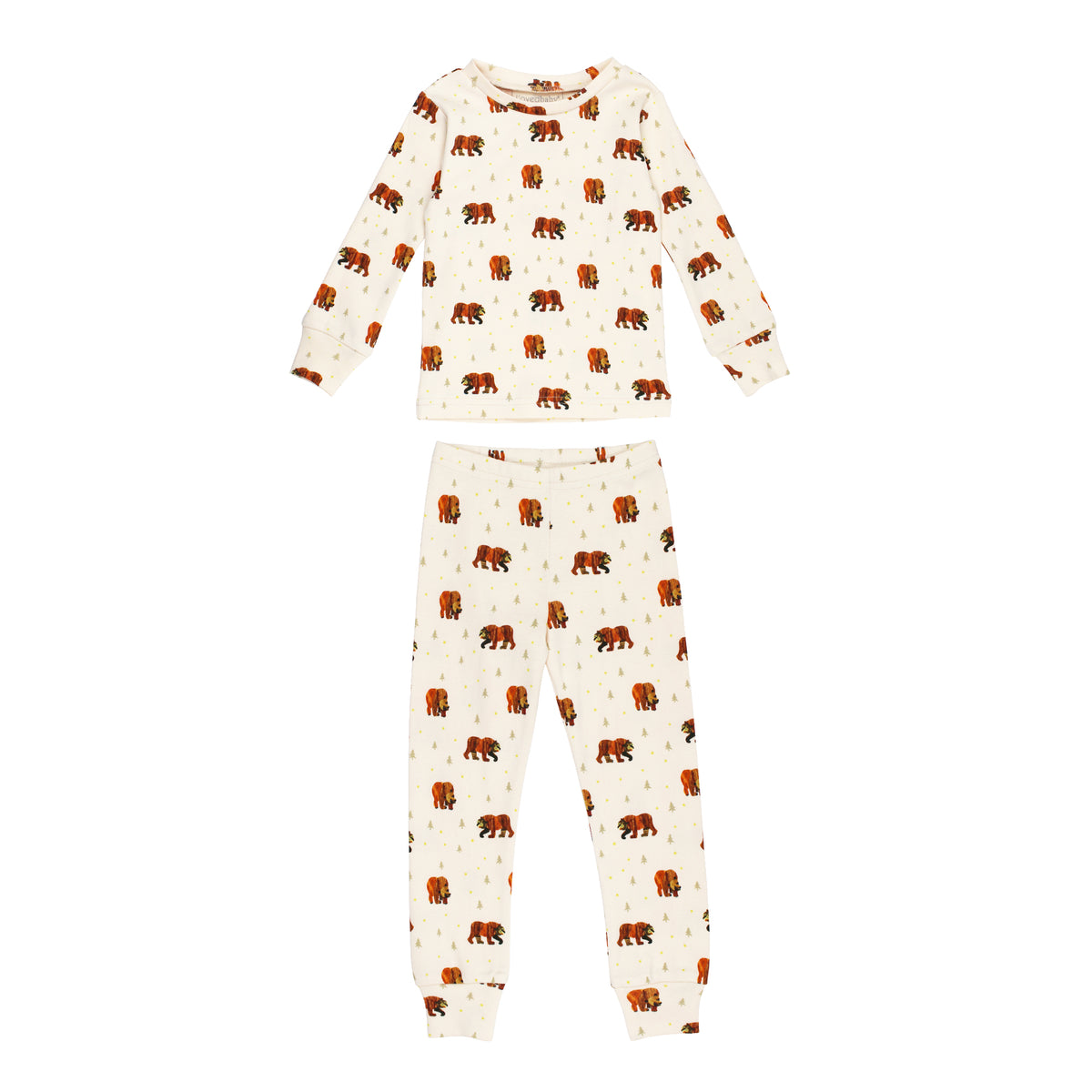 Kids' Organic Cotton Long Sleeve Pajama Set, Brown Bear Print, A cream colored long sleeve toddler pajama set printed with a repeating pattern of brown bears and pine trees, shown as a top and matching pants.