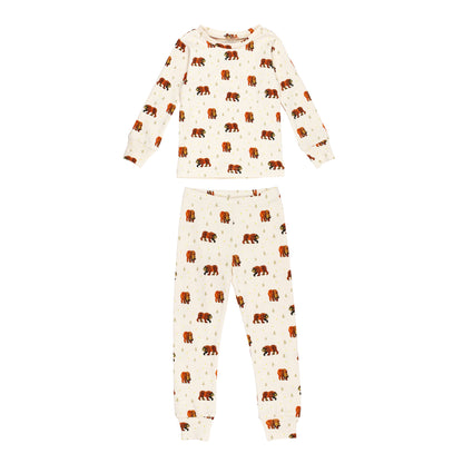 Kids' Organic Cotton Long Sleeve Pajama Set, Brown Bear Print, A cream colored long sleeve toddler pajama set printed with a repeating pattern of brown bears and pine trees, shown as a top and matching pants.