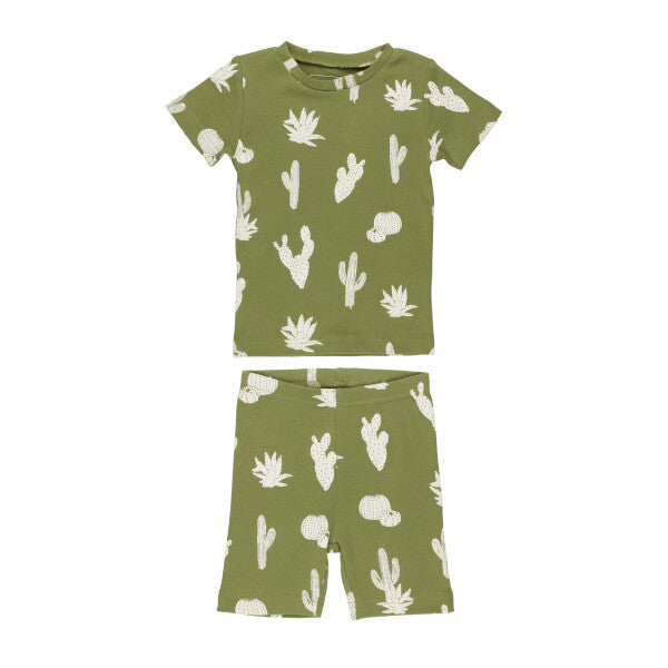 Kids' Organic Cotton Short-Sleeve Pajama Set, Sage Cactus Print, A sage green short-sleeve pajama top and matching shorts printed with a white cactus and succulent pattern.