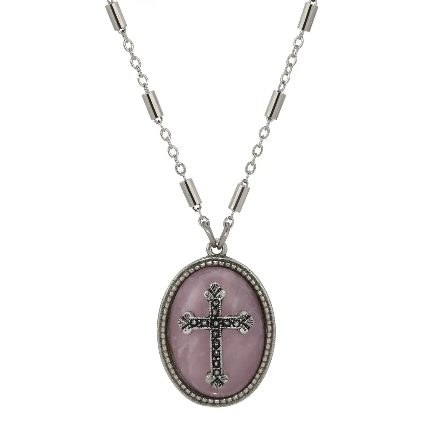 Oval Blue Lace Stone with Pewter Cross Necklace