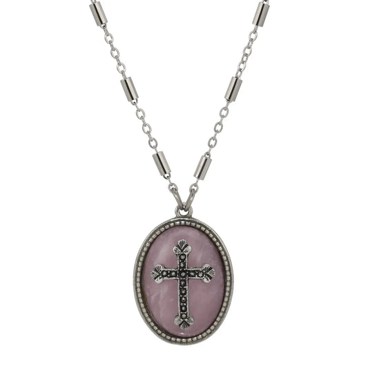 Oval Blue Lace Stone with Pewter Cross Necklace