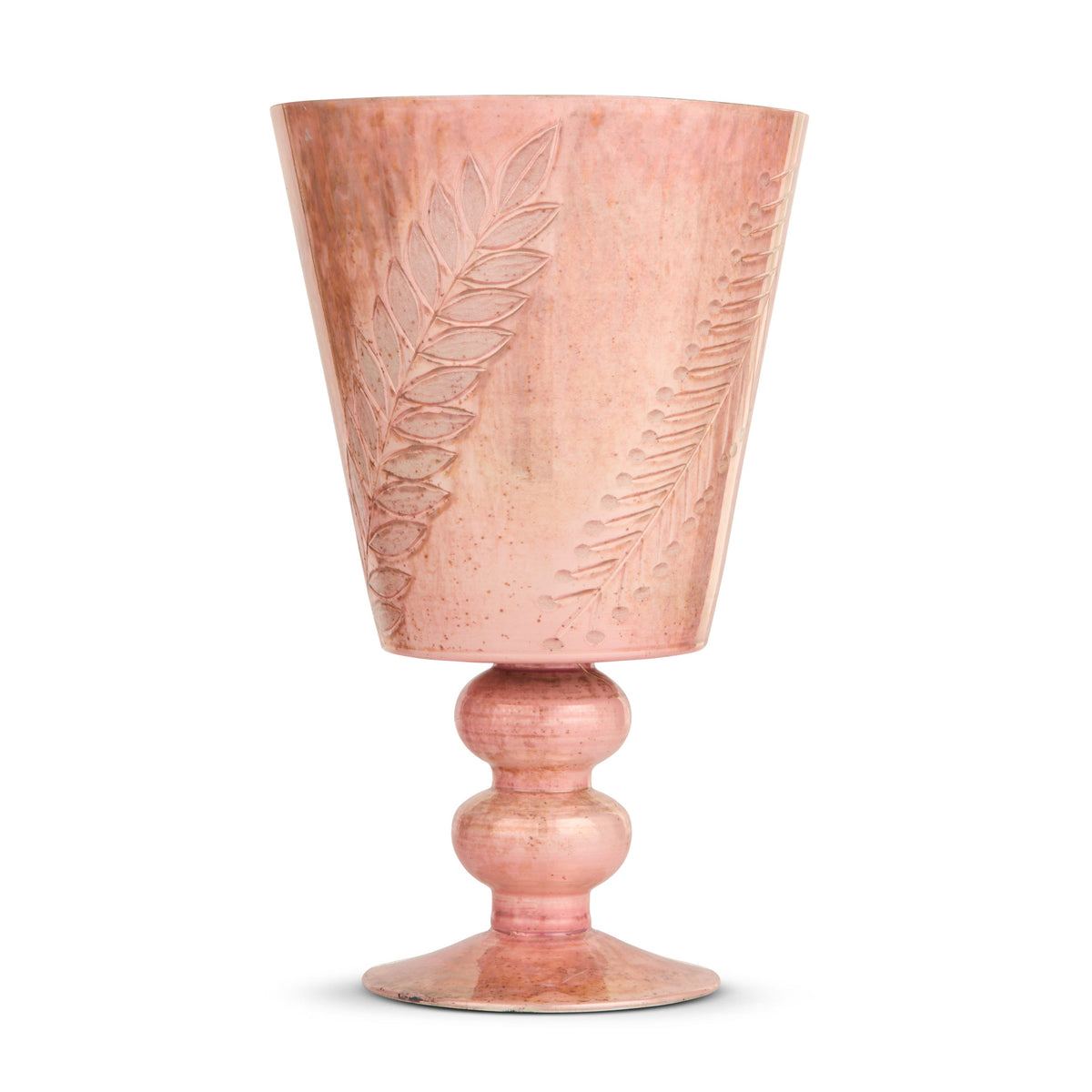 Large Antique Rose Footed Vase, A large footed pink glass vase with an etched fern and leaf pattern.