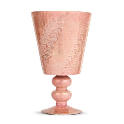 Large Antique Rose Footed Vase, A large footed pink glass vase with an etched fern and leaf pattern.