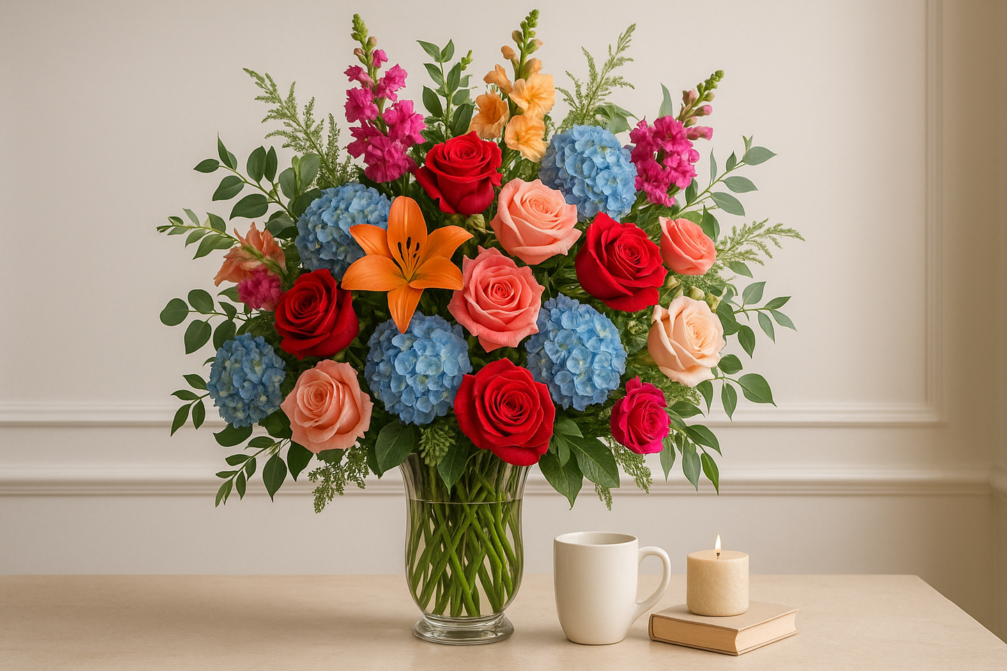 large flower arrangement with items next to it to show size definition