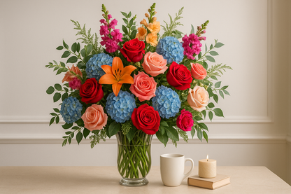 large flower arrangement with items next to it to show size definition