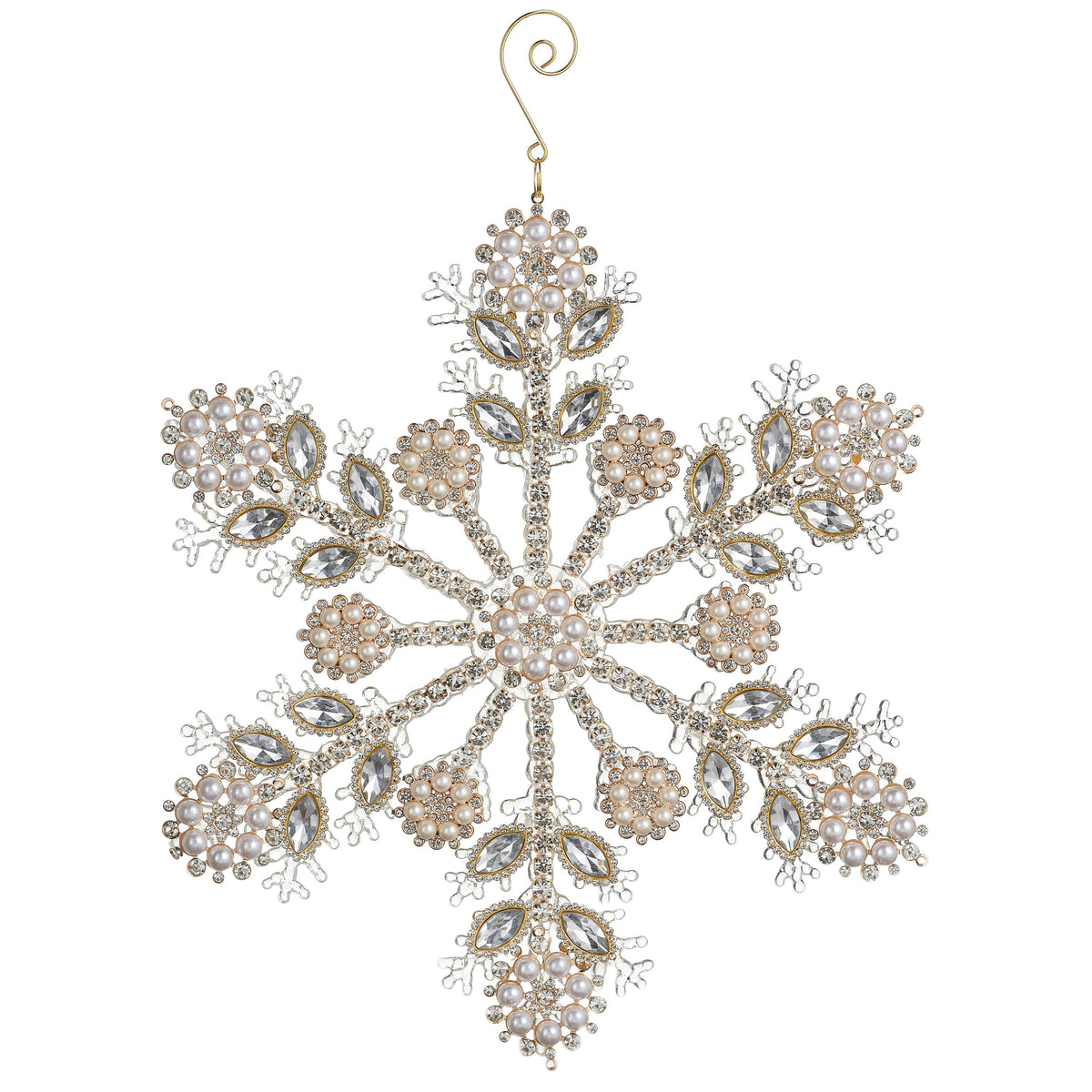 Large Pearl and Jewel Snowflake Ornament, A large snowflake ornament with clear icy branches set with rhinestones, pearl-look clusters and marquise jewels, hanging from a curled gold hook.