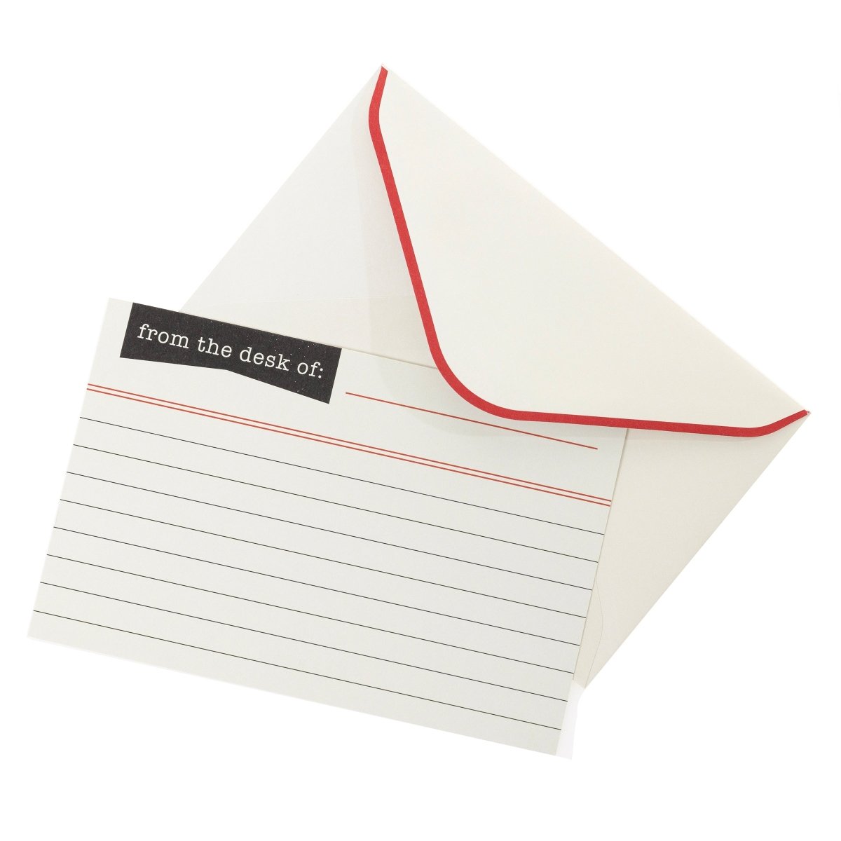 Library Card Flat Notes, A cream flat note card printed with a From the desk of heading and red ruled lines, standing in a black and red box beside a red-trimmed envelope.