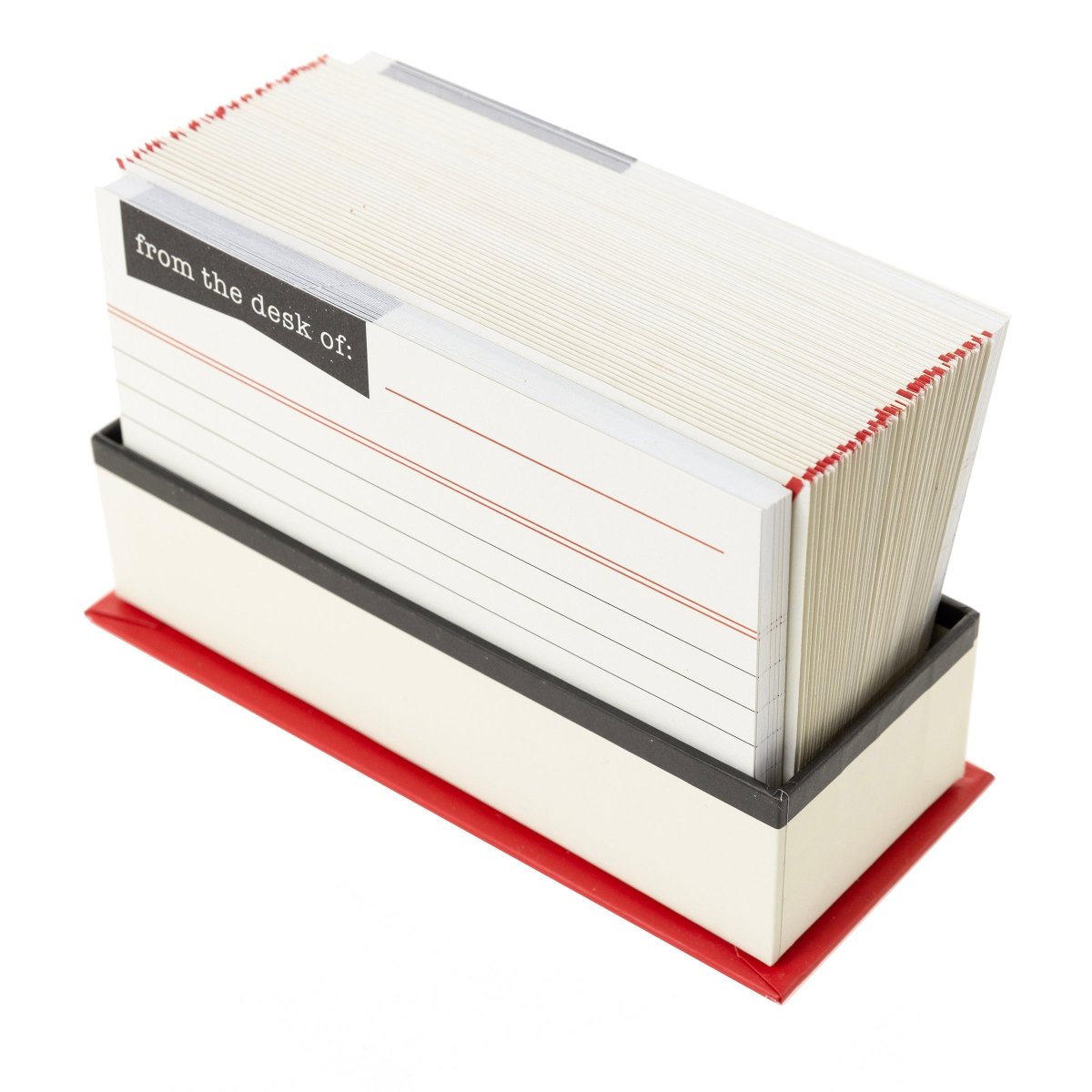 Library Card Flat Notes, A cream flat note card printed with a From the desk of heading and red ruled lines, standing in a black and red box beside a red-trimmed envelope.