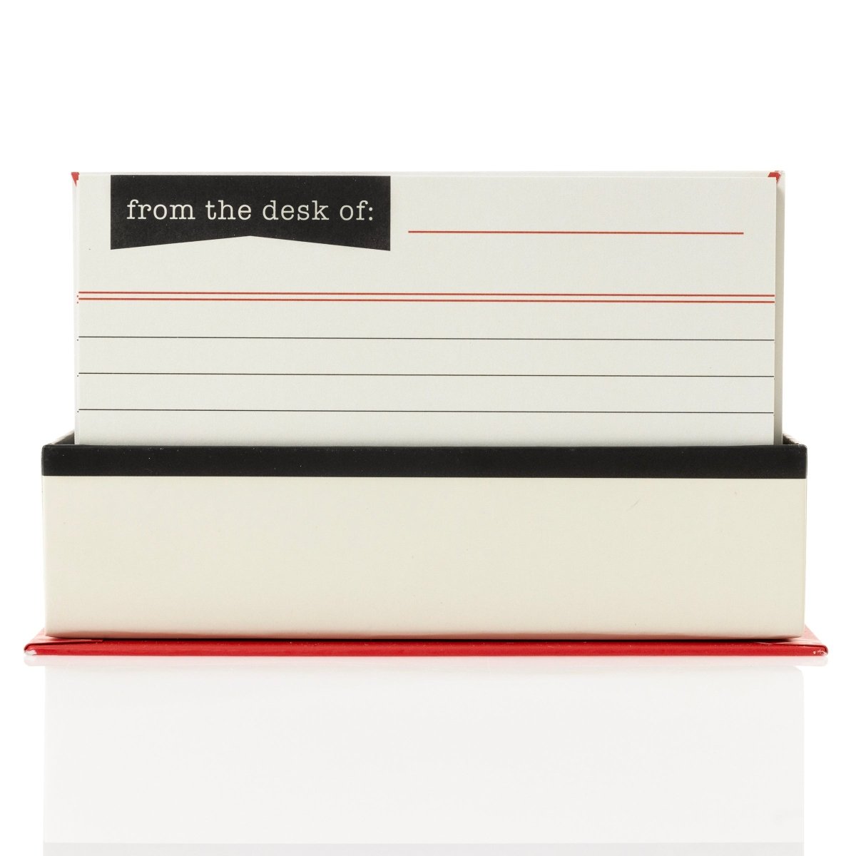 Library Card Flat Notes, A cream flat note card printed with a From the desk of heading and red ruled lines, standing in a black and red box beside a red-trimmed envelope.