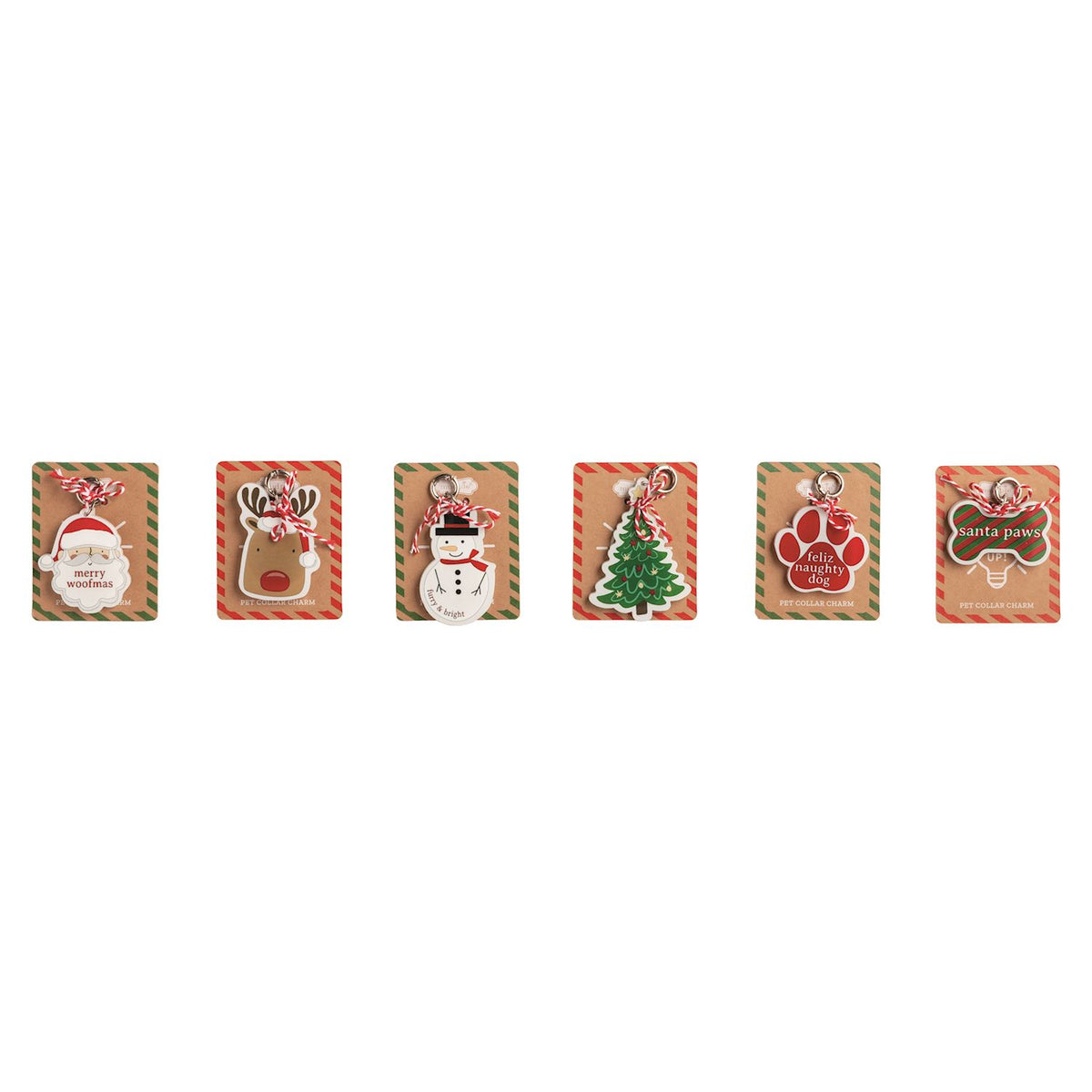 Light-Up Christmas Pet Collar Charm, Six acrylic pet collar charms shaped like Santa, a reindeer, a snowman, a Christmas tree, a paw print and a bone, each on a kraft card.