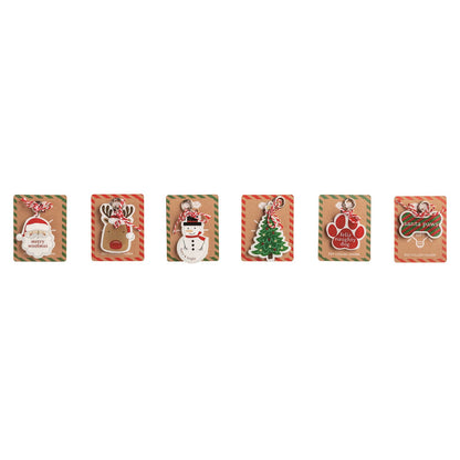 Light-Up Christmas Pet Collar Charm, Six acrylic pet collar charms shaped like Santa, a reindeer, a snowman, a Christmas tree, a paw print and a bone, each on a kraft card.