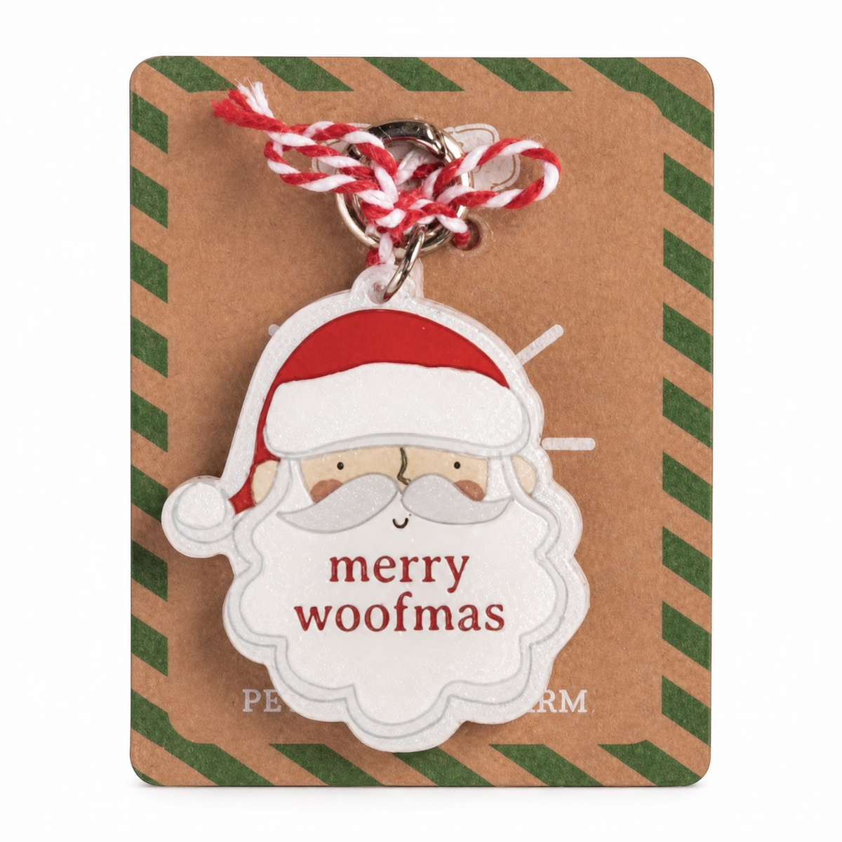 Light-Up Christmas Pet Collar Charm, Santa design: a Merry Woofmas Santa face, and a red-nosed reindeer