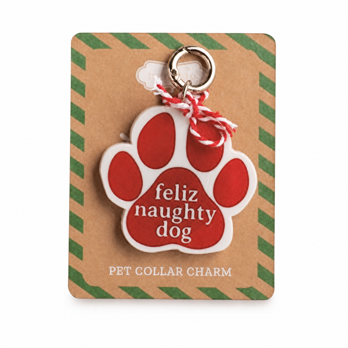 Light-Up Christmas Pet Collar Charm, Paw Print design: a red paw reading Feliz Naughty Dog, and a Santa Paws bone