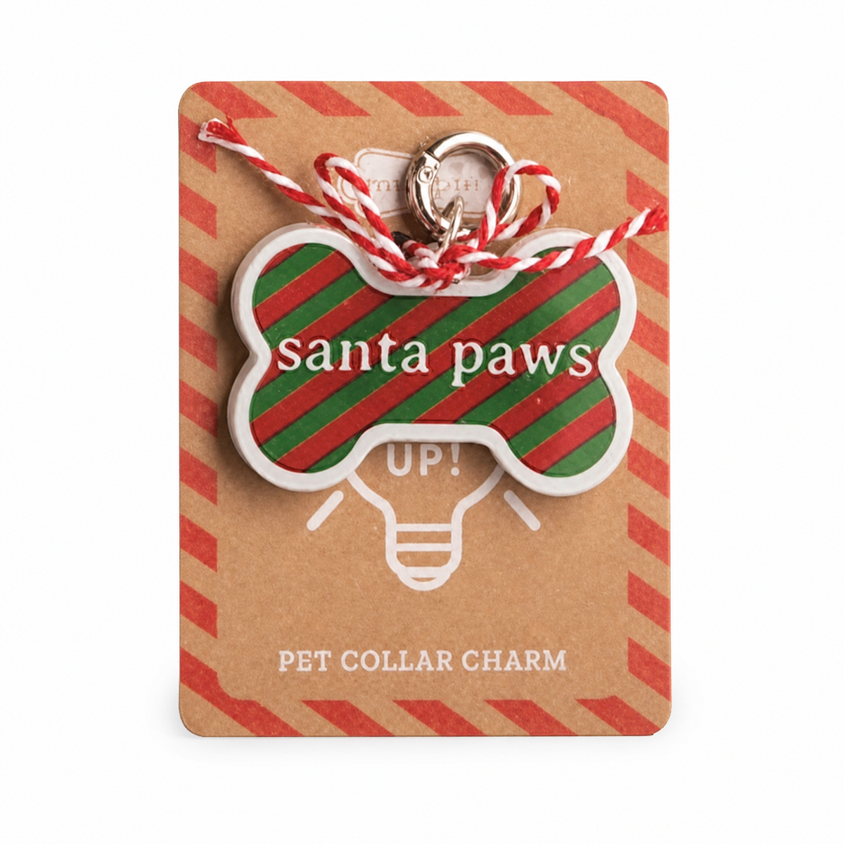 Light-Up Christmas Pet Collar Charm, Bone design: a red paw reading Feliz Naughty Dog, and a Santa Paws bone