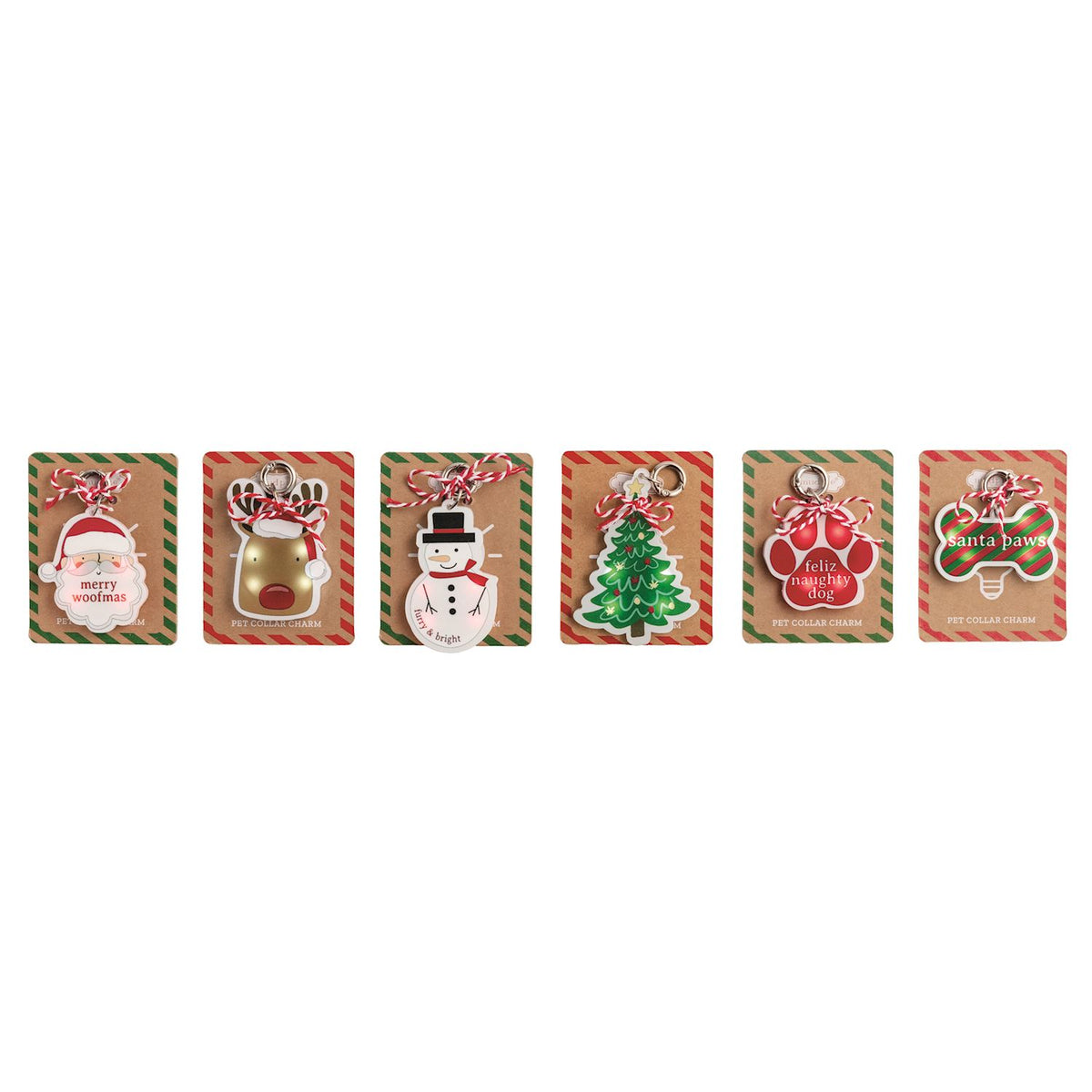 Light-Up Christmas Pet Collar Charm, Six acrylic pet collar charms shaped like Santa, a reindeer, a snowman, a Christmas tree, a paw print and a bone, each on a kraft card.