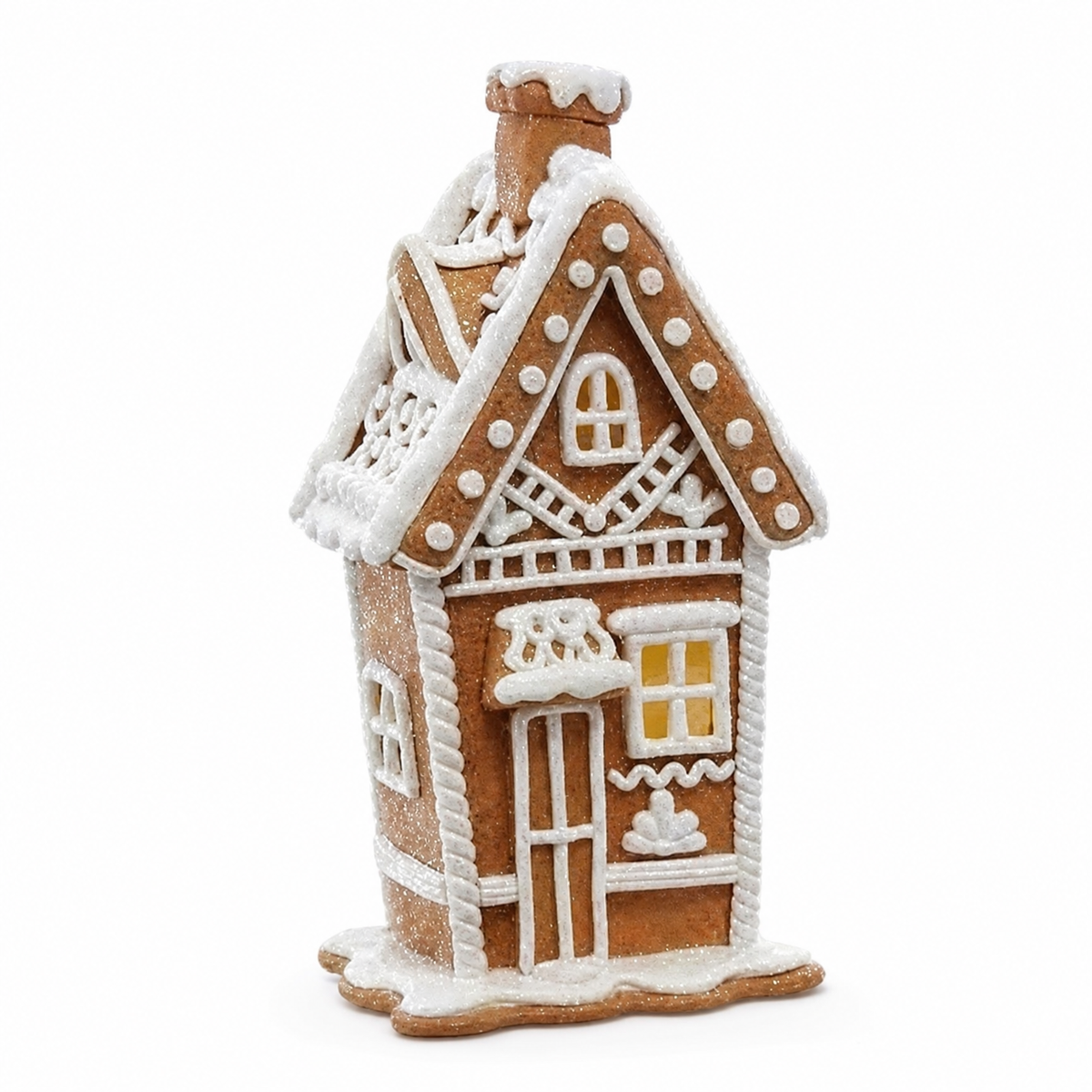 Lighted Gingerbread House, Side Chimney design: a narrow house with a lit arched gable window