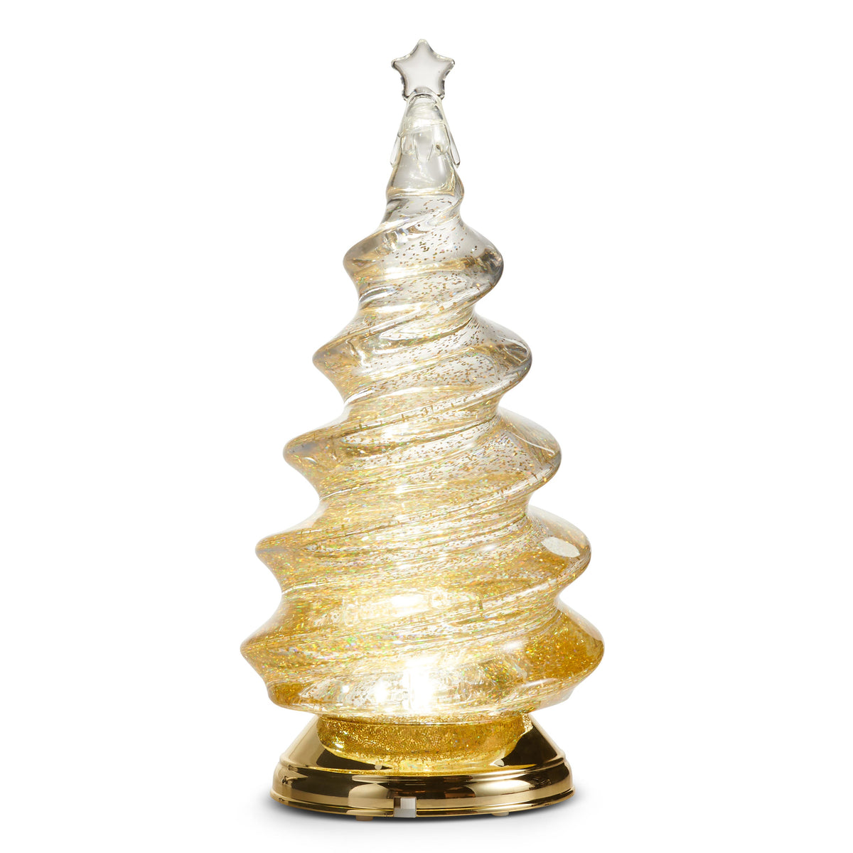 Lighted Gold Spiral Swirling Glitter Tree, A clear spiral Christmas tree filled with gold glitter, lit from inside, with a clear star on top and a shiny gold base.