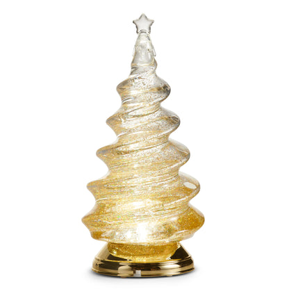 Lighted Gold Spiral Swirling Glitter Tree, A clear spiral Christmas tree filled with gold glitter, lit from inside, with a clear star on top and a shiny gold base.