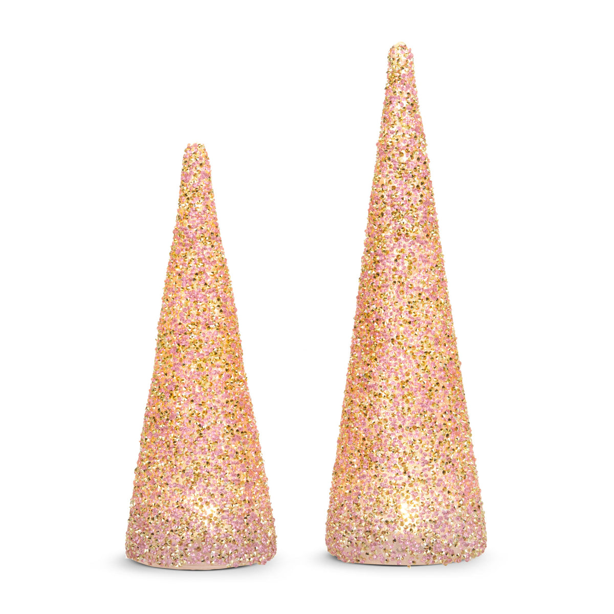Lighted Pink Beaded Cone Tree, A cone tree covered in pink and gold beads and glowing softly from inside, shown in its small and large sizes.