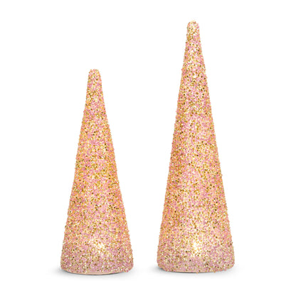 Lighted Pink Beaded Cone Tree, A cone tree covered in pink and gold beads and glowing softly from inside, shown in its small and large sizes.
