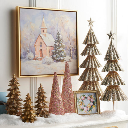 Lighted Pink Beaded Cone Tree, A cone tree covered in pink and gold beads and glowing softly from inside, shown in its small and large sizes.