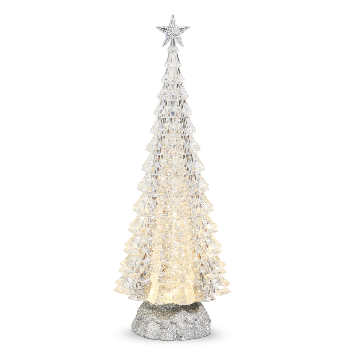 Lighted Silver Tree with Swirling Glitter, A clear tiered Christmas tree with a star on top, glowing warm white from inside and set on a silver glitter base.