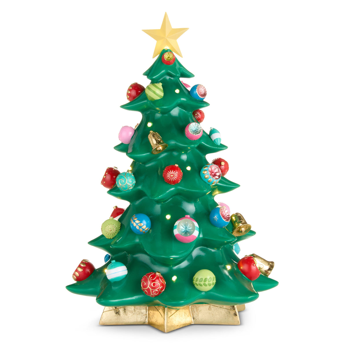 Lighted Tabletop Christmas Tree with Ornaments, A glossy green tabletop Christmas tree dotted with small lights and ornaments in red, pink and teal, with gold bells, a gold star on top and a gold star-shaped base.