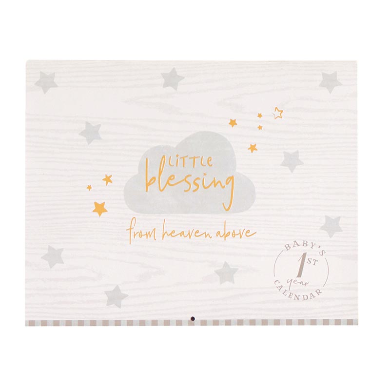 Little Blessings Baby Keepsake, The Little Blessings First Year Calendar cover is pale gray woodgrain with a gray cloud, gold script lettering, gray and gold stars and a round Baby's 1st Year Calendar seal.