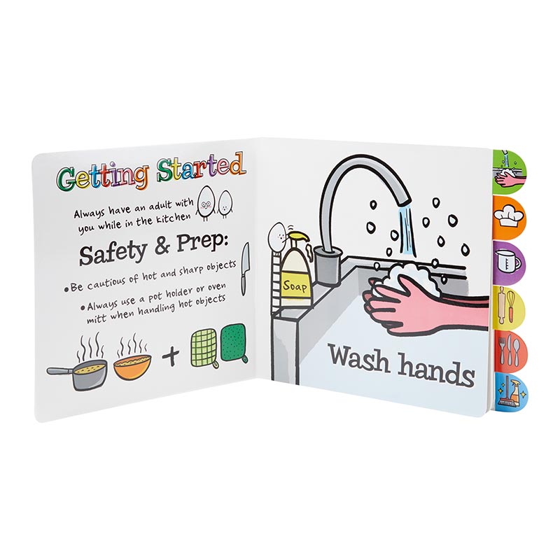 Little Chefs in the Kitchen Board Book, The cover of the Little Chefs in the Kitchen board book, with colorful lettering, a chef hat on the letter C, the line How-to's for a Little Chef in Training, and six colored picture tabs down the right edge.