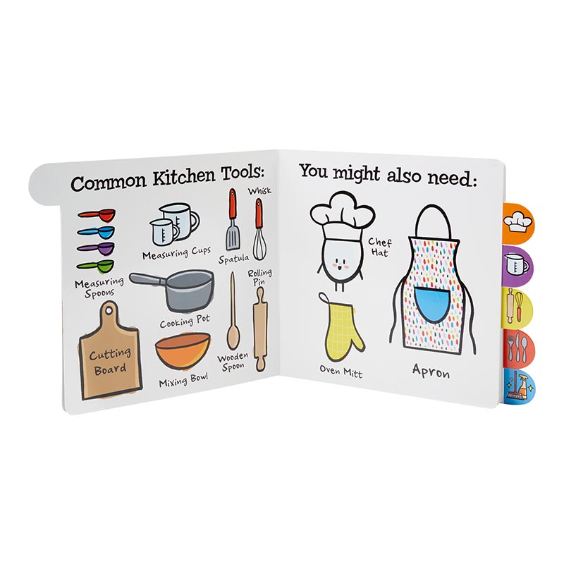 Little Chefs in the Kitchen Board Book, The cover of the Little Chefs in the Kitchen board book, with colorful lettering, a chef hat on the letter C, the line How-to's for a Little Chef in Training, and six colored picture tabs down the right edge.