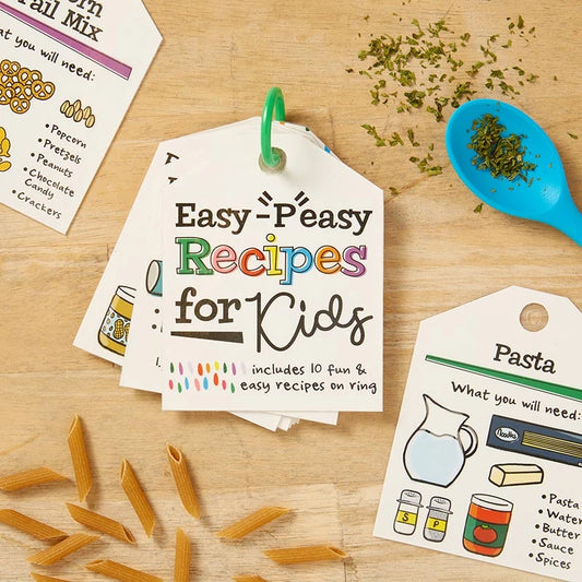 Little Chefs in the Kitchen Easy Peasy Recipe Card Ring, The rainbow-striped window box for the Recipe Card Book, showing the Little Chefs in the Kitchen logo and the Easy-Peasy Recipes for Kids cover card on a green ring through the window.