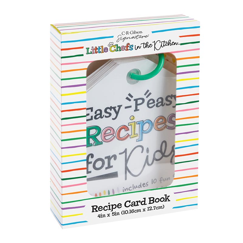 Little Chefs in the Kitchen Easy Peasy Recipe Card Ring, The rainbow-striped window box for the Recipe Card Book, showing the Little Chefs in the Kitchen logo and the Easy-Peasy Recipes for Kids cover card on a green ring through the window.
