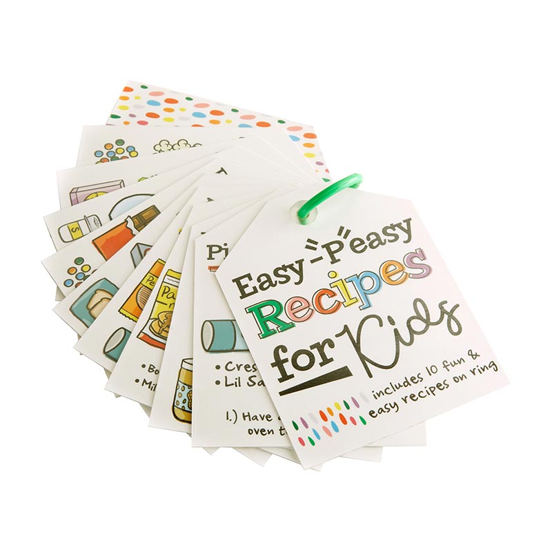 Little Chefs in the Kitchen Easy Peasy Recipe Card Ring, The rainbow-striped window box for the Recipe Card Book, showing the Little Chefs in the Kitchen logo and the Easy-Peasy Recipes for Kids cover card on a green ring through the window.